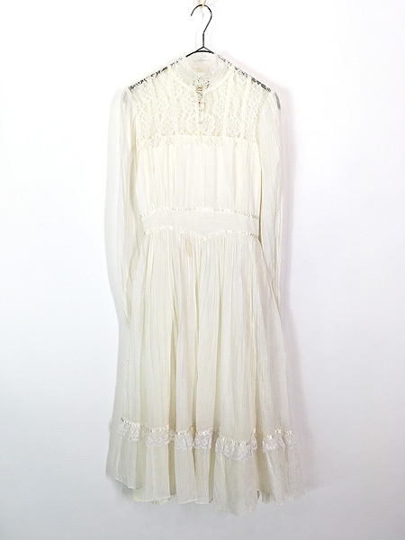 レディース 古着 70s USA製 GUNNE SAX レース ガーリー シフォン ワンピース ドレス ミモレ丈 M位 古着