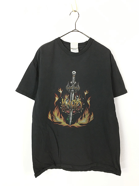 古着 00s KORN 剣 スカル ファイヤー ミクスチャー ロック バンド Tシャツ L 古着の画像1