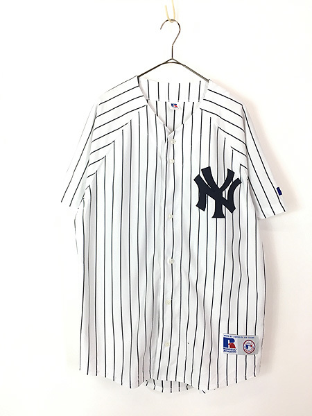 古着 90s MLB NY Yankees ヤンキース ストライプ ラグラン ベースボール シャツ M 古着