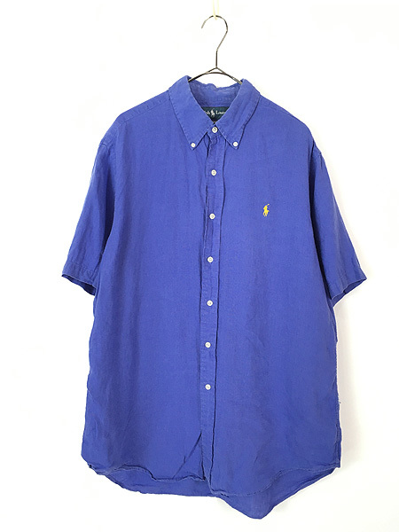 古着 90s Ralph Lauren 「CLASSIC FIT」 ワンポイント ソリッド リネン 半袖 BD シャツ 紫 L 古着_画像1