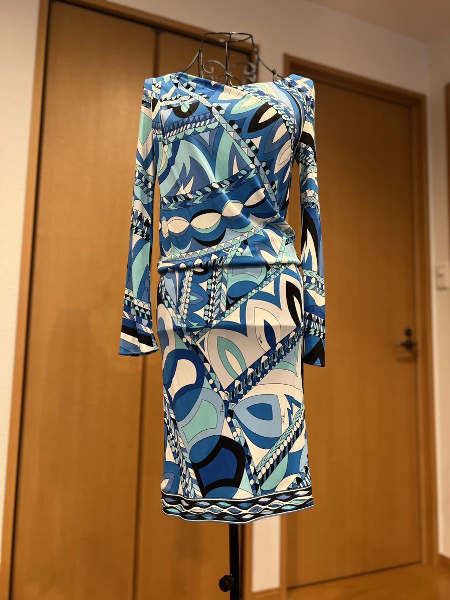 美品】EMILIO PUCCI プッチ柄ワンピース オレンジ 半袖 36 膝丈-