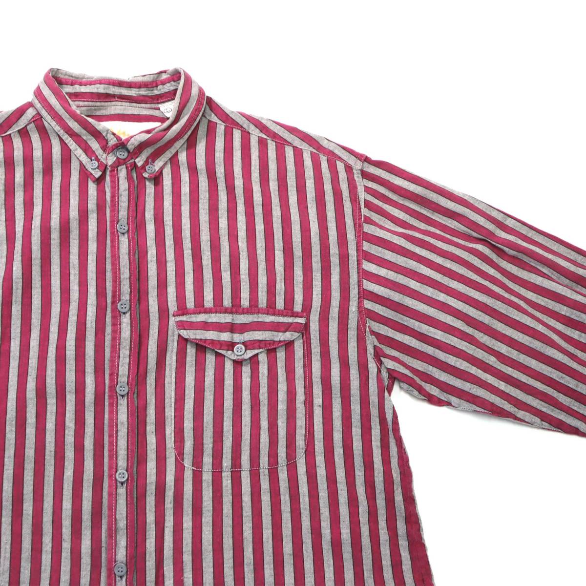 [L] 80s インド綿 ストライプ シャツ ピンク グレー デザイン ボックス 総柄 ボーダー コットン ビンテージ vintage 90s_画像6