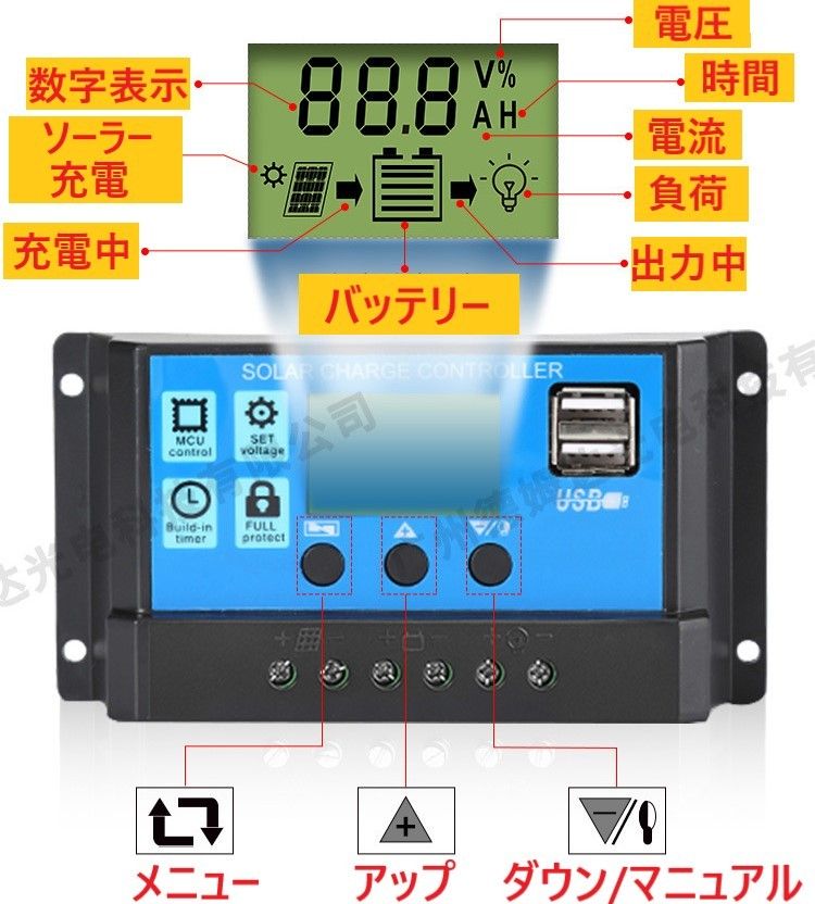 ソーラー チャージ コントローラ 30A 12V 24V 充電 バッテリー デュアルUSB LCD 太陽光 パネル接続 保護回路