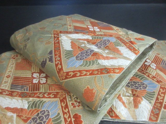 1円良品正絹袋帯唐織金糸花唐草更紗草花向かい鶴菱おしゃれ六通柄高級