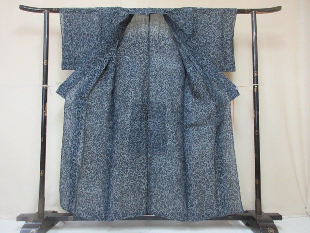 1円中古麻着物小紋アンティーク縮みオリエンタル草花花唐草単衣身丈