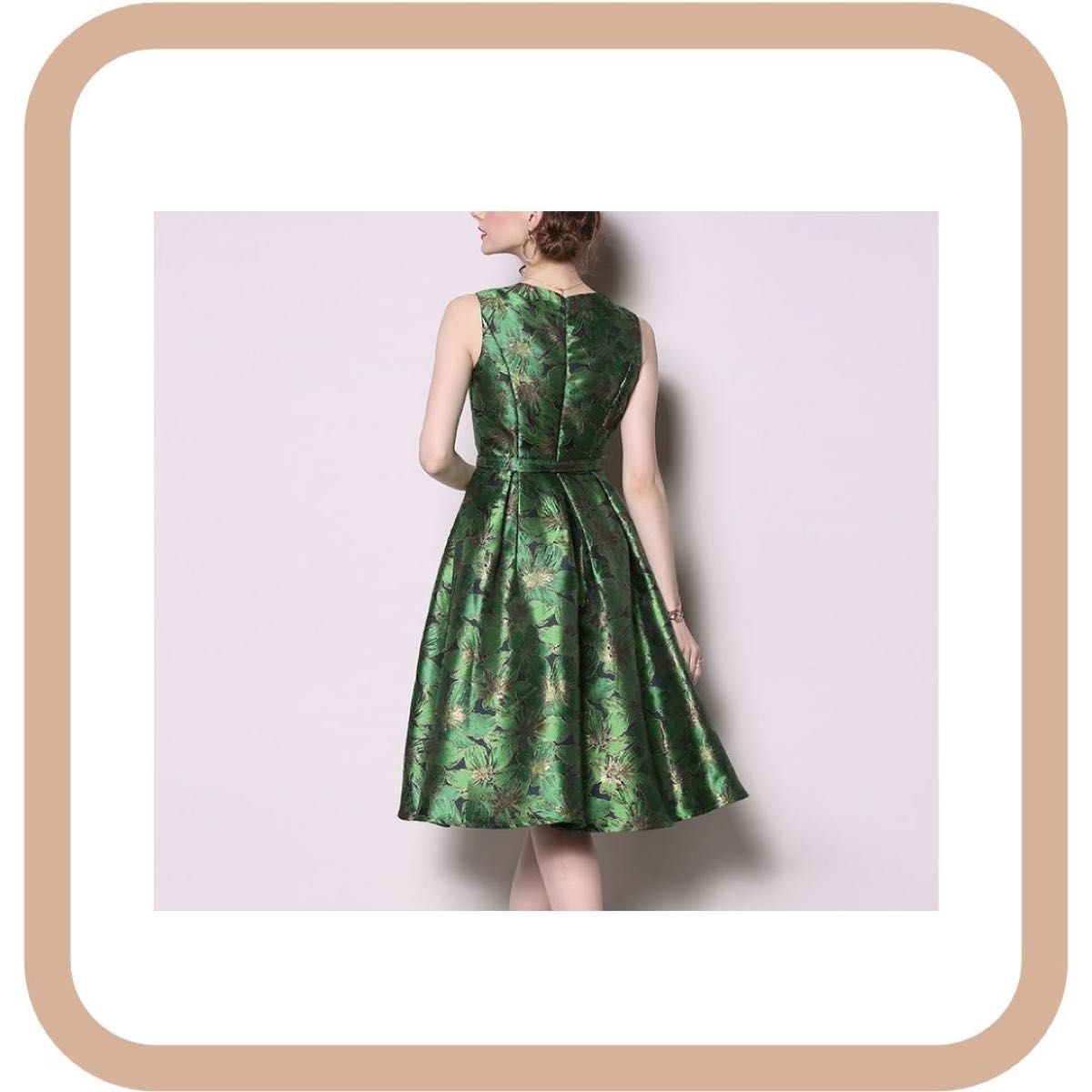 ドレス　金糸ジャガード　高級感　ワンピース　緑　XL　結婚式　パーティー　上品 花柄 パーティードレス