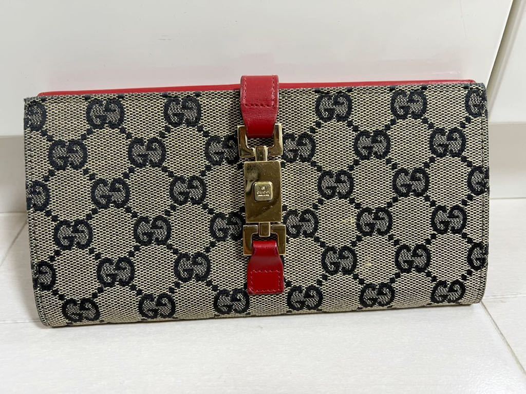 GUCCI 財布　オールドグッチ ヴィンテージ レザー 長財布 GG 柄 ウォレット グレー 赤 レッド ゴールド