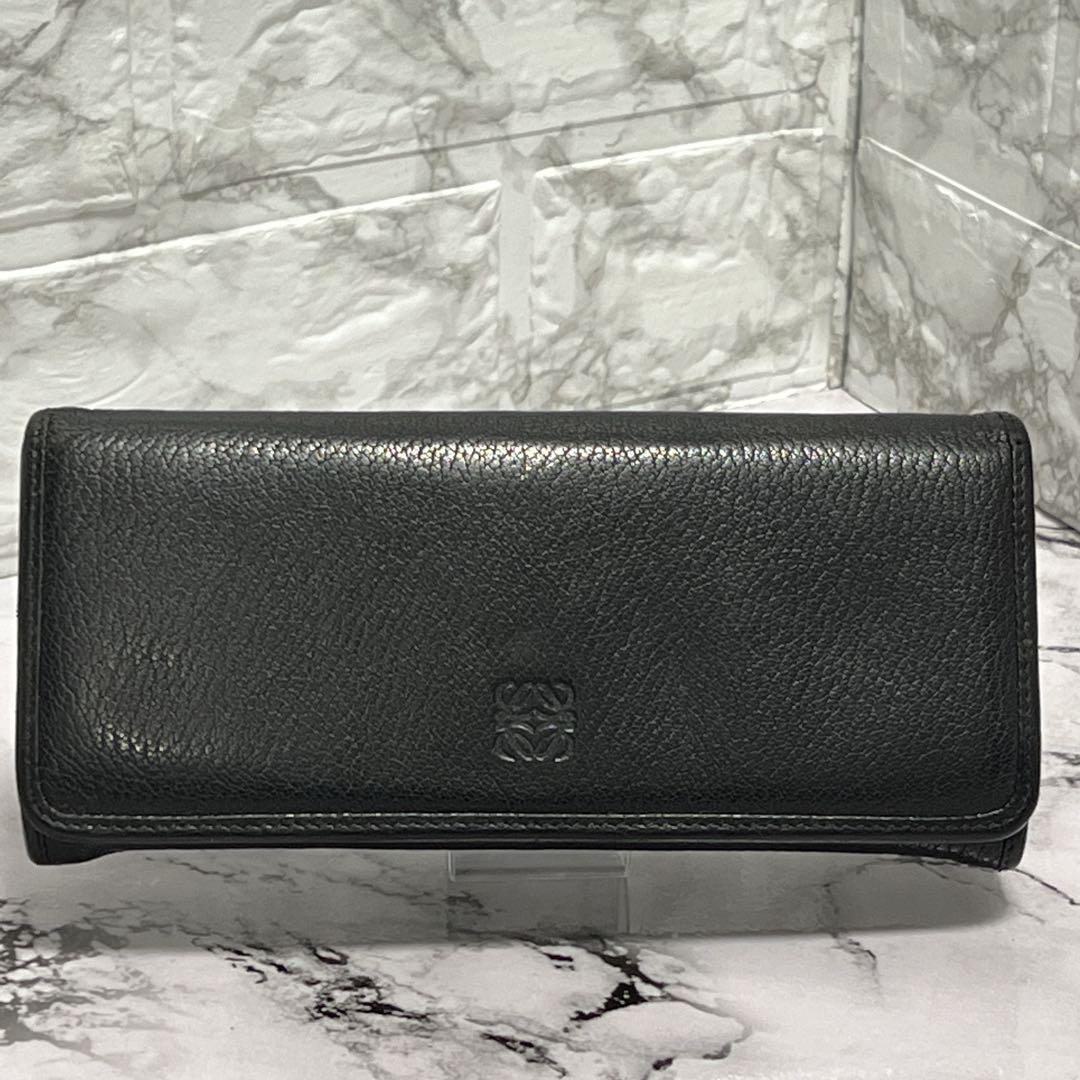 LOEWE ロエベ アナグラム コンチネンタルウォレット 二つ折り 長財布 カデナジップ ゴールド金具 黒 レザー シボ革 ブラック レディース