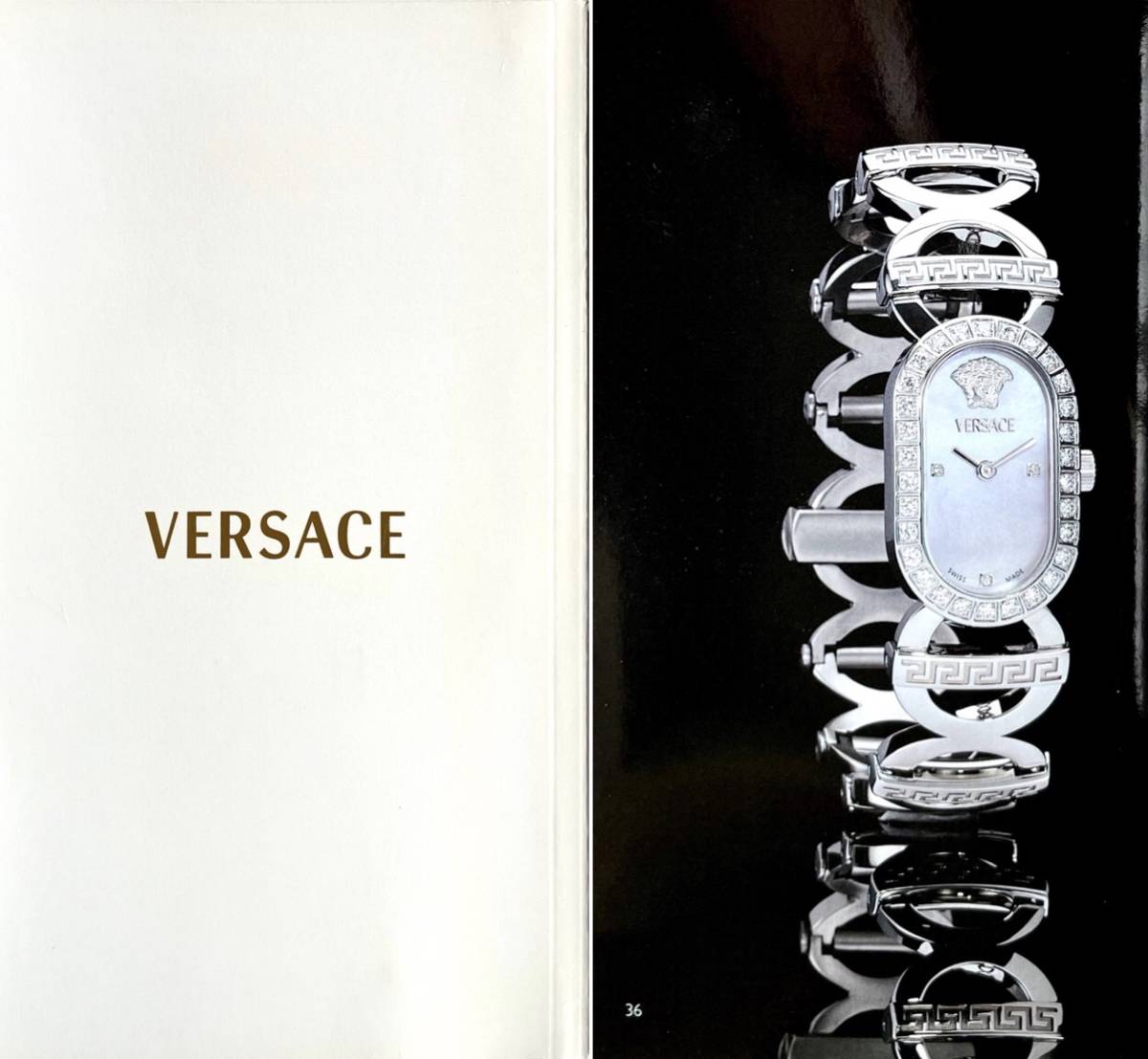 ■ VERSACE ヴェルサーチ メデューサ レディース 腕時計 シェル文字盤 ゴールドグレコブレスレット スイス製クォーツ 動作中_参考;コレクションカタログより