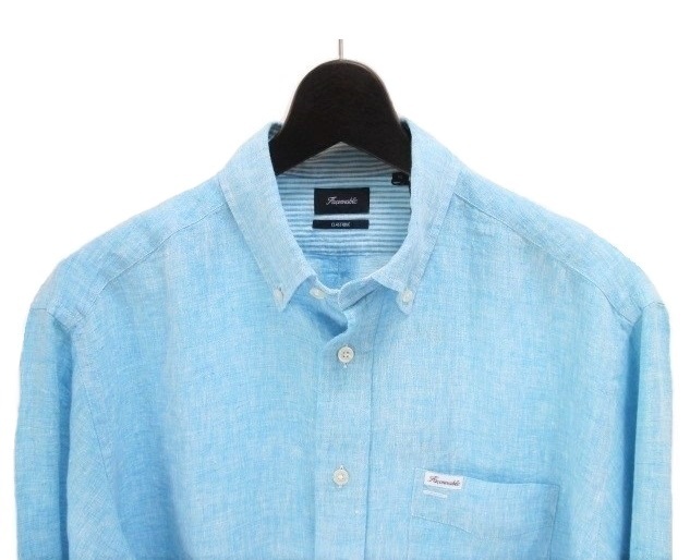 即日発送】 長袖 新品☆Faconnable 濃水色リラックスリネンシャツ☆L