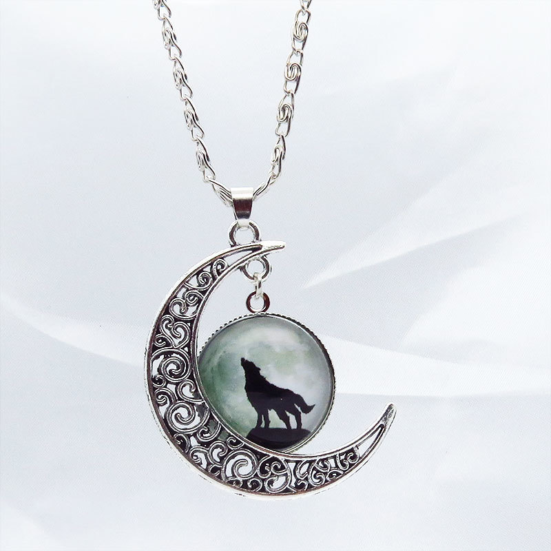  antique Silver Wolf moon necklace three day month . month ...... Silhouette. .... necklace adjuster attaching 