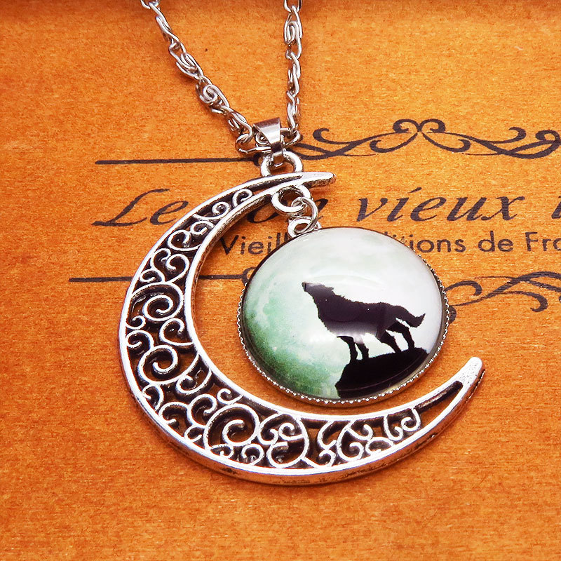  antique Silver Wolf moon necklace three day month . month ...... Silhouette. .... necklace adjuster attaching 