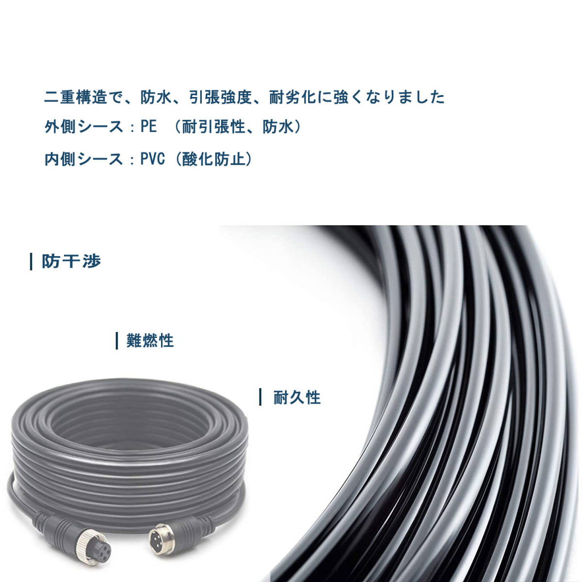 20m】4ピン航空ビデオ延長ケーブル 12V/24V 監視カメラ モニター車用