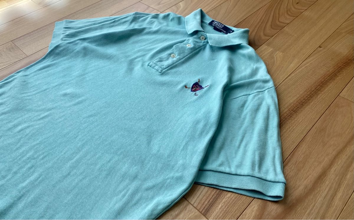 ポロラルフローレン　90s USA製ポロシャツ半袖ロゴ刺繍水色 S 古着　ワンポイント