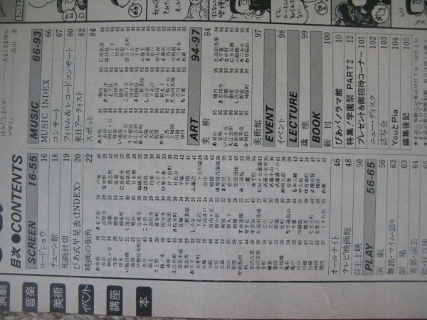 FSLe1978/11:月刊ぴあ(雑誌/情報誌)ひあ株式会社(表紙＝及川正通)映画/演劇/音楽コンサート/イベントetc/特集：学園祭_目次