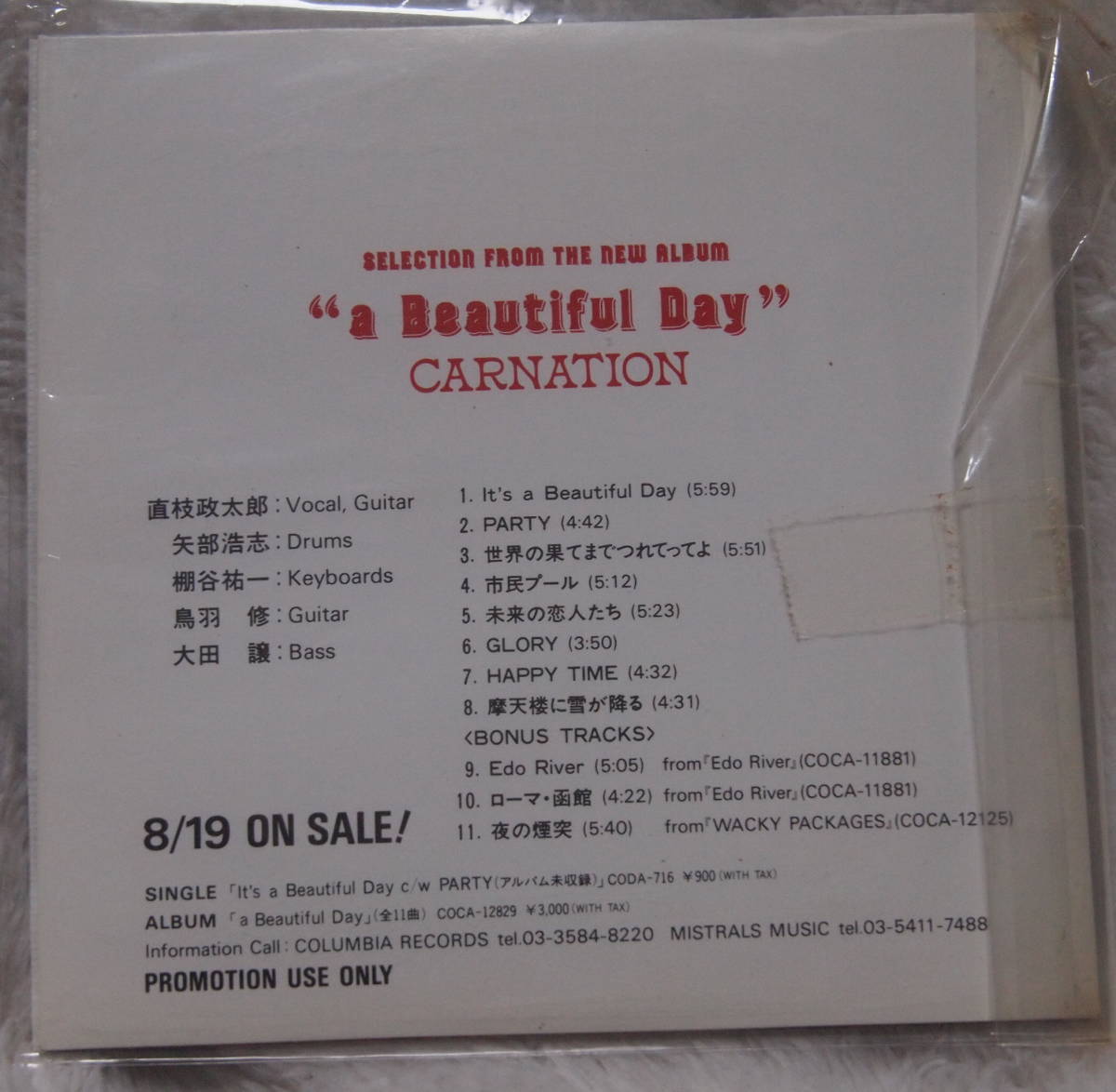 激レア/紙ジャケット仕様CD/カーネーション CARNATION『a Beautiful Day ア・ビューティフル・デイ』スペシャル10曲入り/Edo River収録!!_画像2