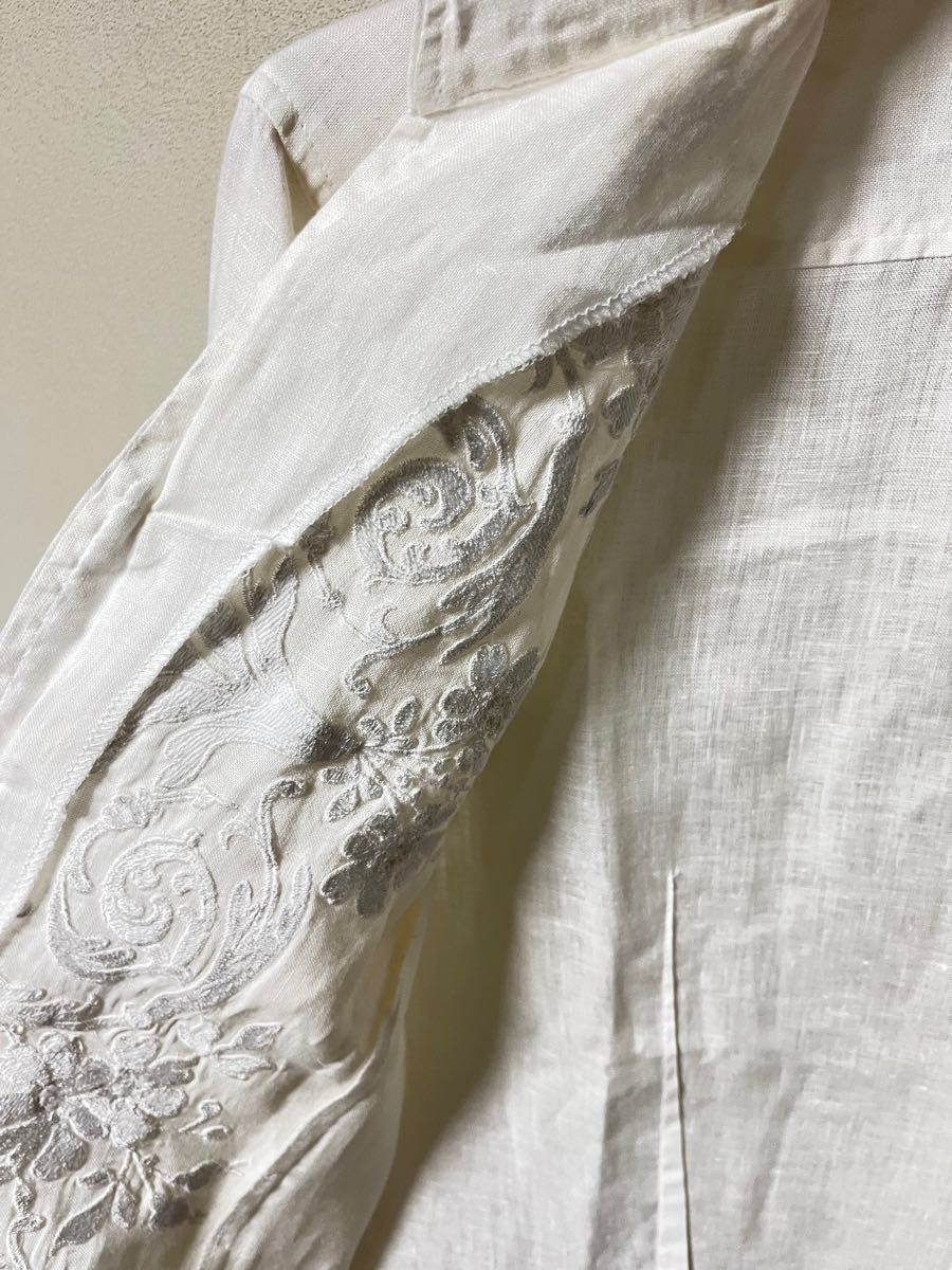 メンズ　ナラカミーチェ　麻100% ブラウス　白　天竺刺繍のような風合い　七分袖