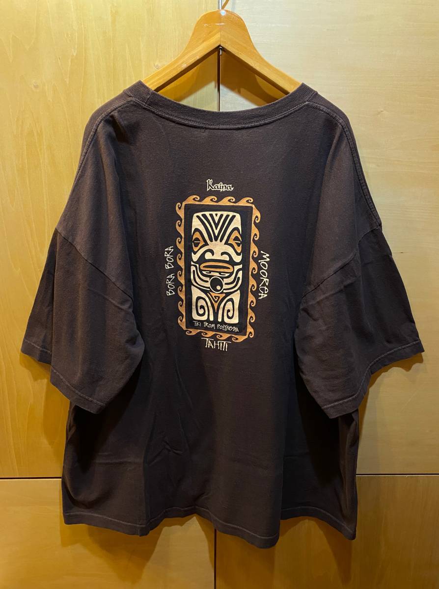 古着 タヒチ ポリネシアン ティキ TIKI メンズ 半袖 プリントTシャツ 3 XL ビッグサイズ 茶 ブラウン USA製 ビンテージ_画像2