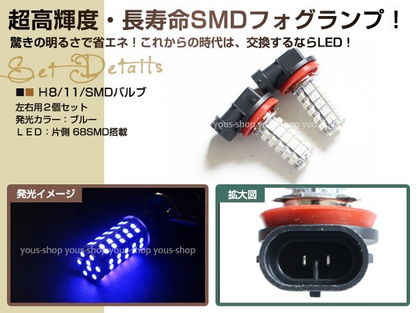 定形外送料無料 C26セレナ 後期 LED デイライト バルブ H8 68連 ライト 青 ブルー 12V 純正交換 全面発光 フォグランプ_画像2