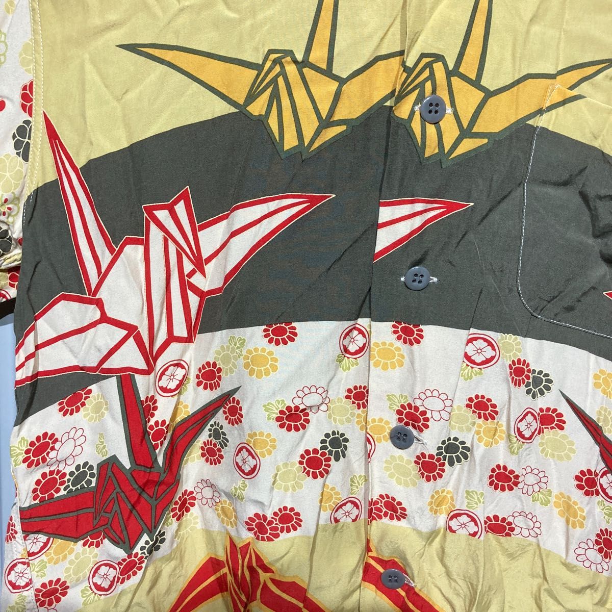 【希少デザイン】EVISU エビス 和柄 鶴 総柄 アロハシャツ ハワイアンシャツ 半袖ボタンシャツ イエロー マルチカラー XL