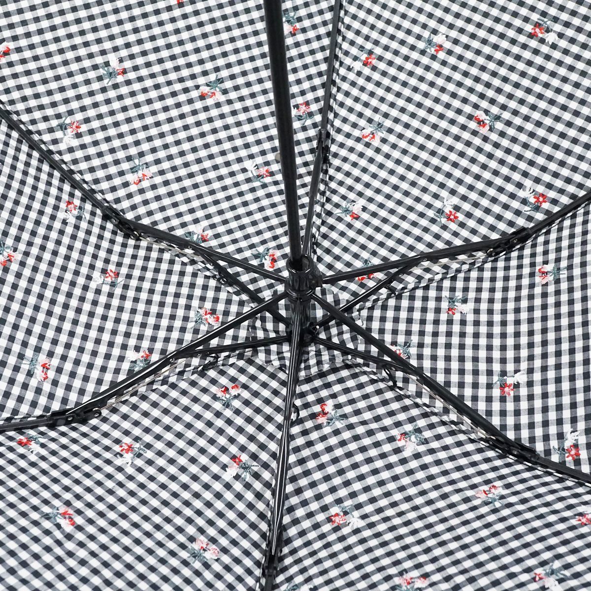 折りたたみ日傘 LAZY SUSAN レイジースーザン USED美品 ギンガムチェック フラワー刺繍 寒竹手元 かわいい 47cm FA8238_画像2