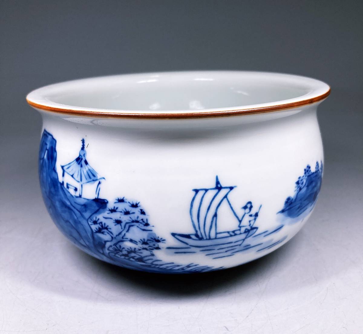 美品 有田焼 華洞作 染付山水図 建水 茶道具 煎茶器 陶器 船 舟 茶器 古美術品_画像1