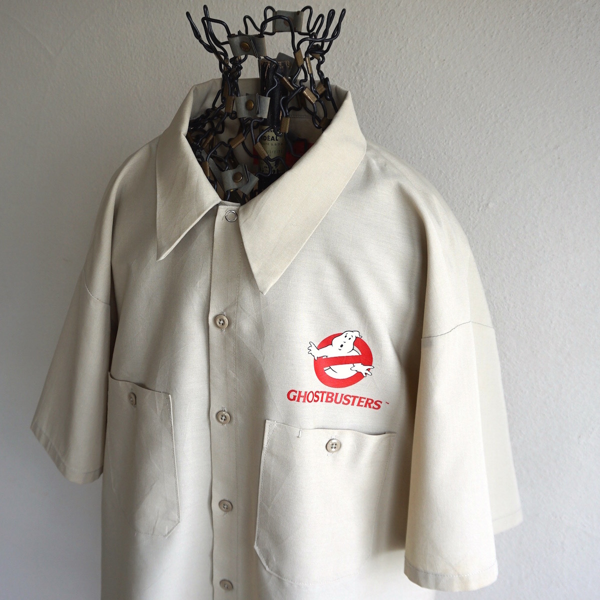 レア 1980s ヴィンテージ USA製 GCA ゴーストバスターズ 両面ロゴプリント S/S ワークシャツ 2XL ベージュ GHOSTBUSTERS ムービー 古着