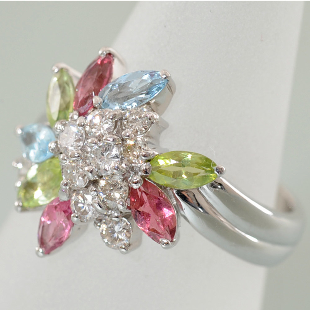 【H33】 Pt900 プラチナ ダイヤモンド 0.38ct マルチカラーストーン 花 フラワーモチーフ デザイン リング 指輪 中古品仕上げ済み 11号_画像3