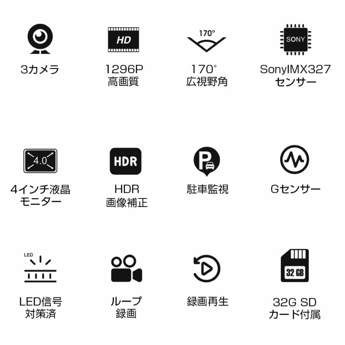 2023夏発売★ドライブレコーダー　SONY　IPS液晶　ドラレコ　衝撃録画　音声録音　ナイトビジョン　3カメラ　SDカード付属