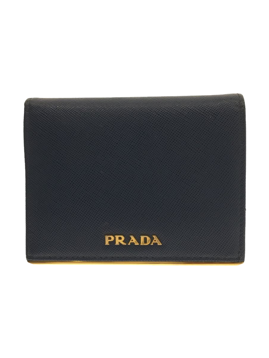 PRADA◆プラダ/2ツ折サイフ/牛革/BLU/SAFFIANO METAL/小銭入れ汚れ有