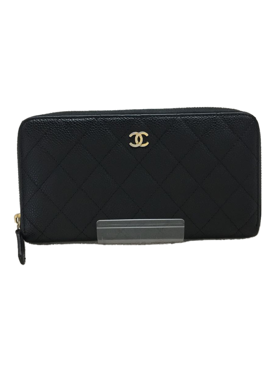 CHANEL◆マトラッセ/キャビアスキン/長財布/レザー/BLK/レディース