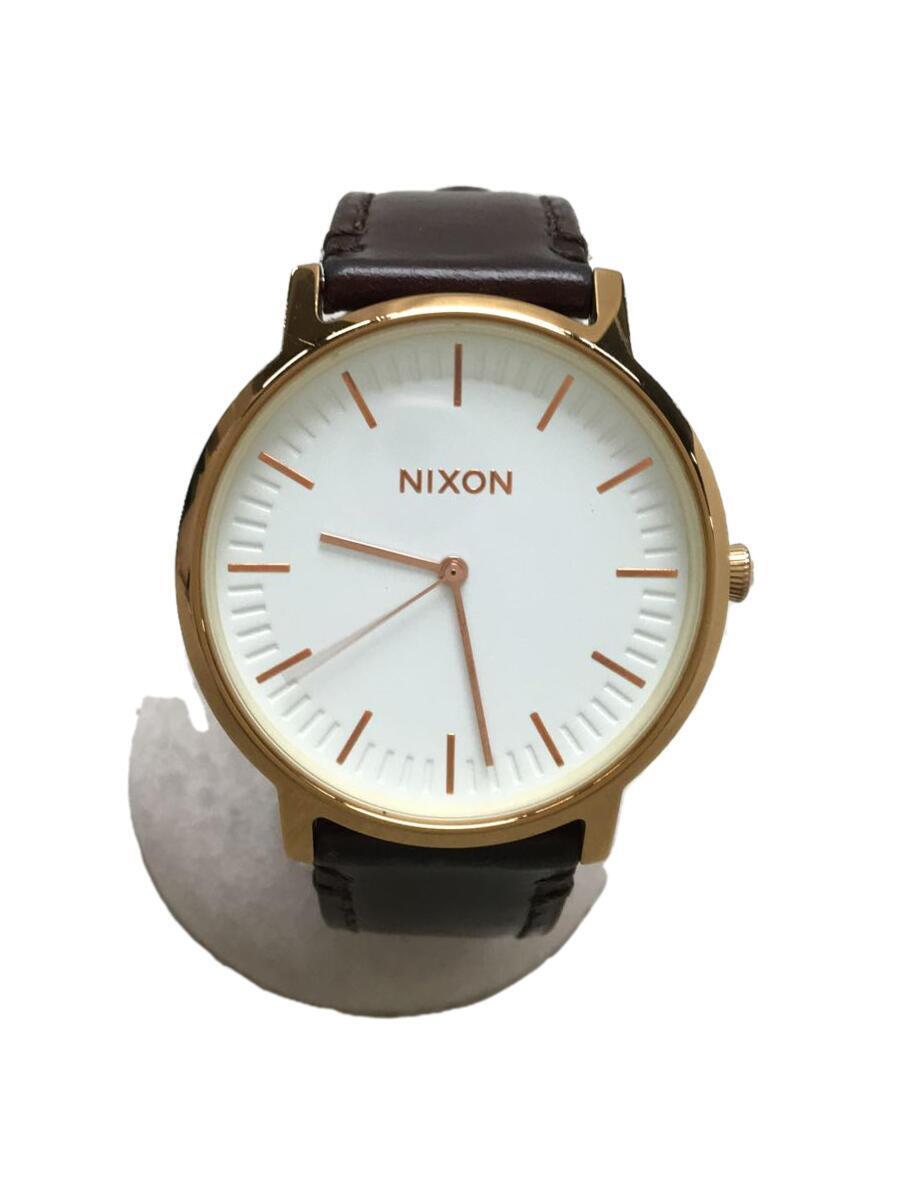 NIXON◆クォーツ腕時計/アナログ/レザー/WHT/BRW/SS_画像1