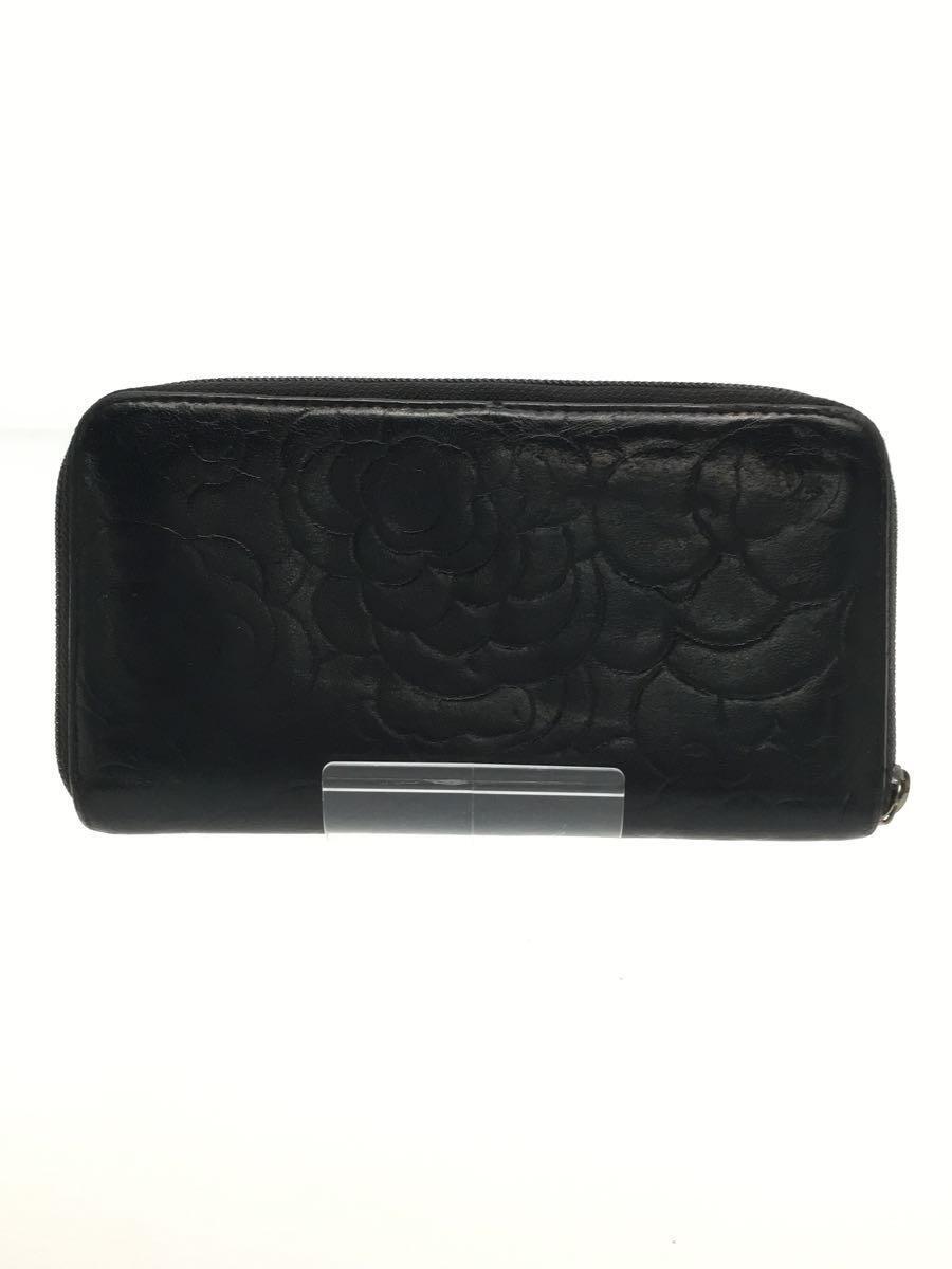 CHANEL◆カメリア/ラウンドジップ長財布/レザー/BLK CHANEL◆カメリア/ラウンドジップ長財布/レザー/BLK