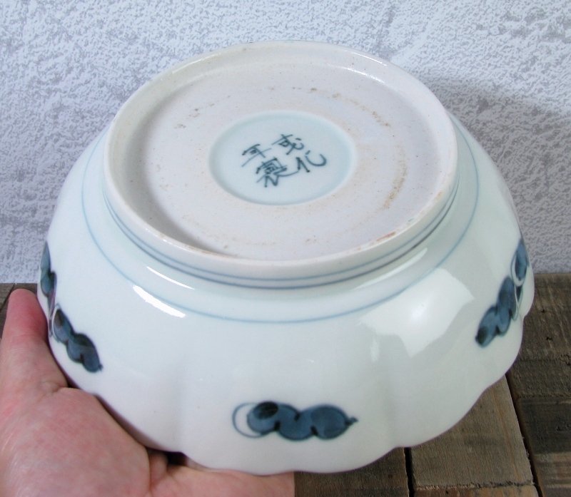 古伊万里 染付・赤絵 山水楼閣文大なます皿5枚 成化年製銘 幅:17.5cm