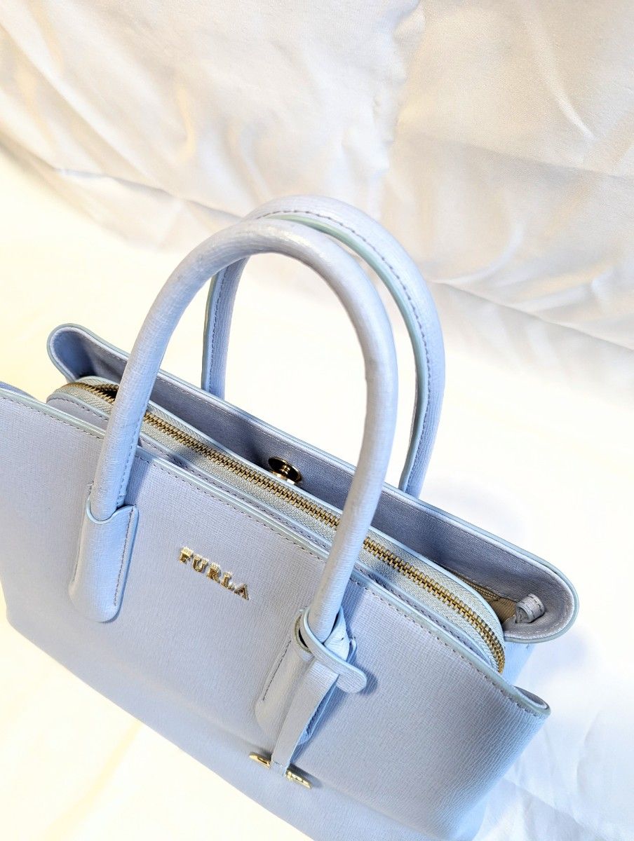 【美品】フルラ　2way ショルダーバッグ 水色　ハンドバッグ　オールレザー FURLA トートバッグ