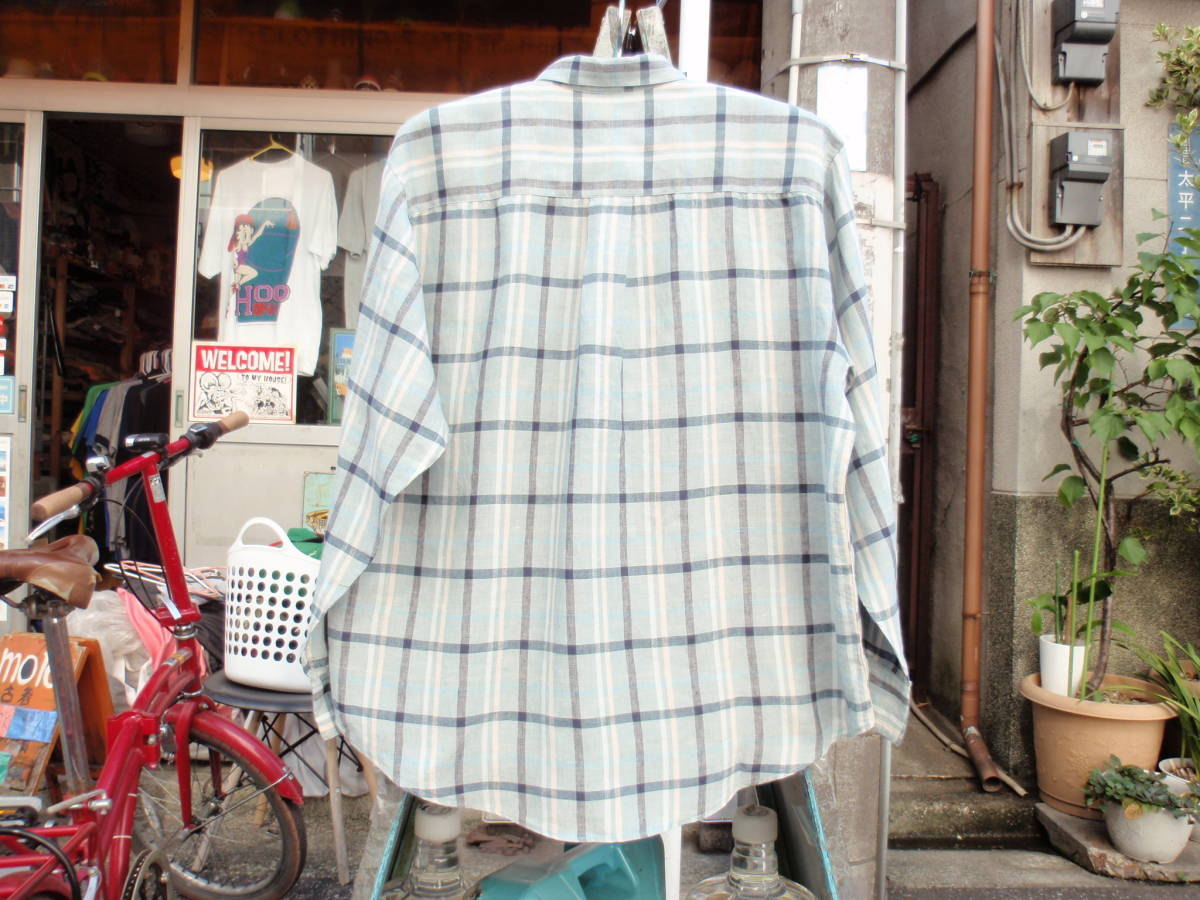 2回使用のみ！日本製 パパス 麻100％な水色チェック柄な長袖シャツ サイズL?の画像2