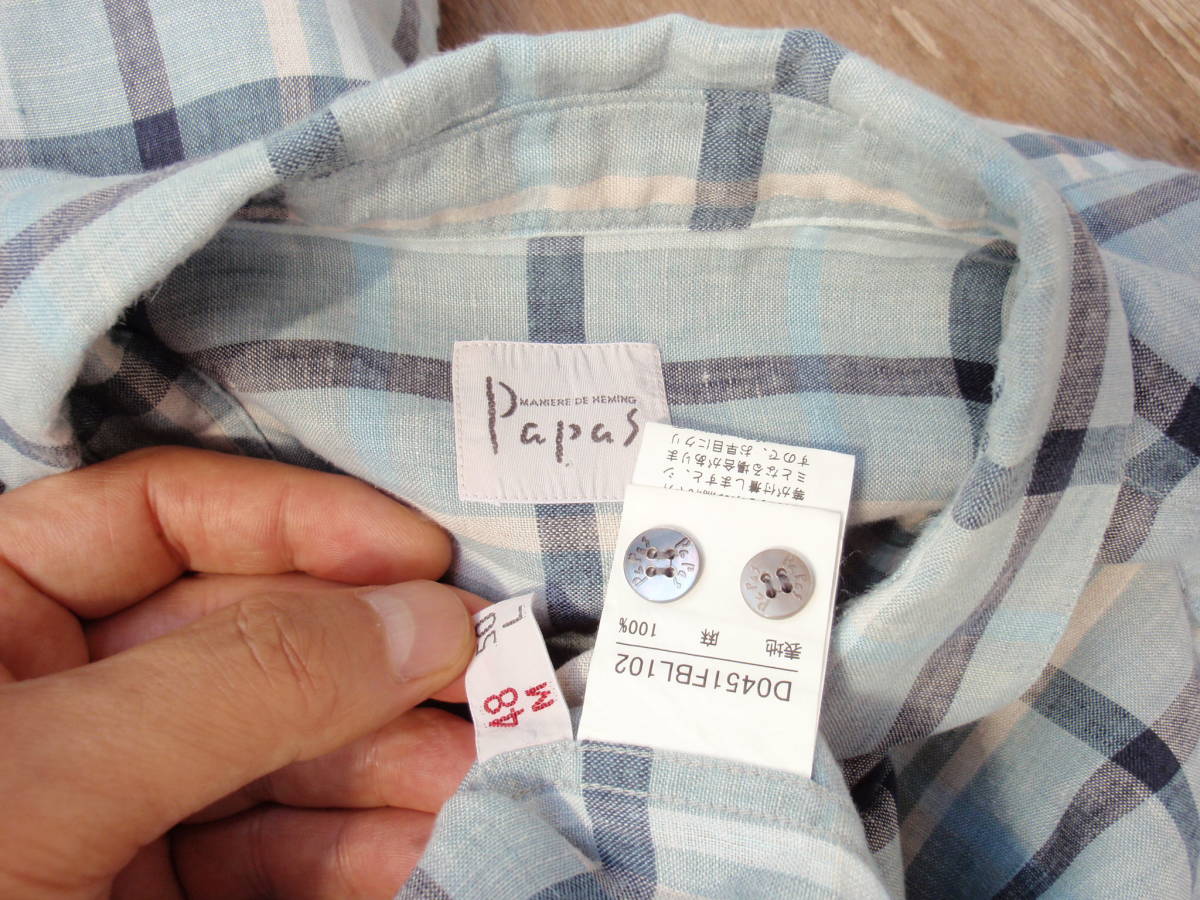 2回使用のみ！日本製 パパス 麻100％な水色チェック柄な長袖シャツ サイズL?の画像5