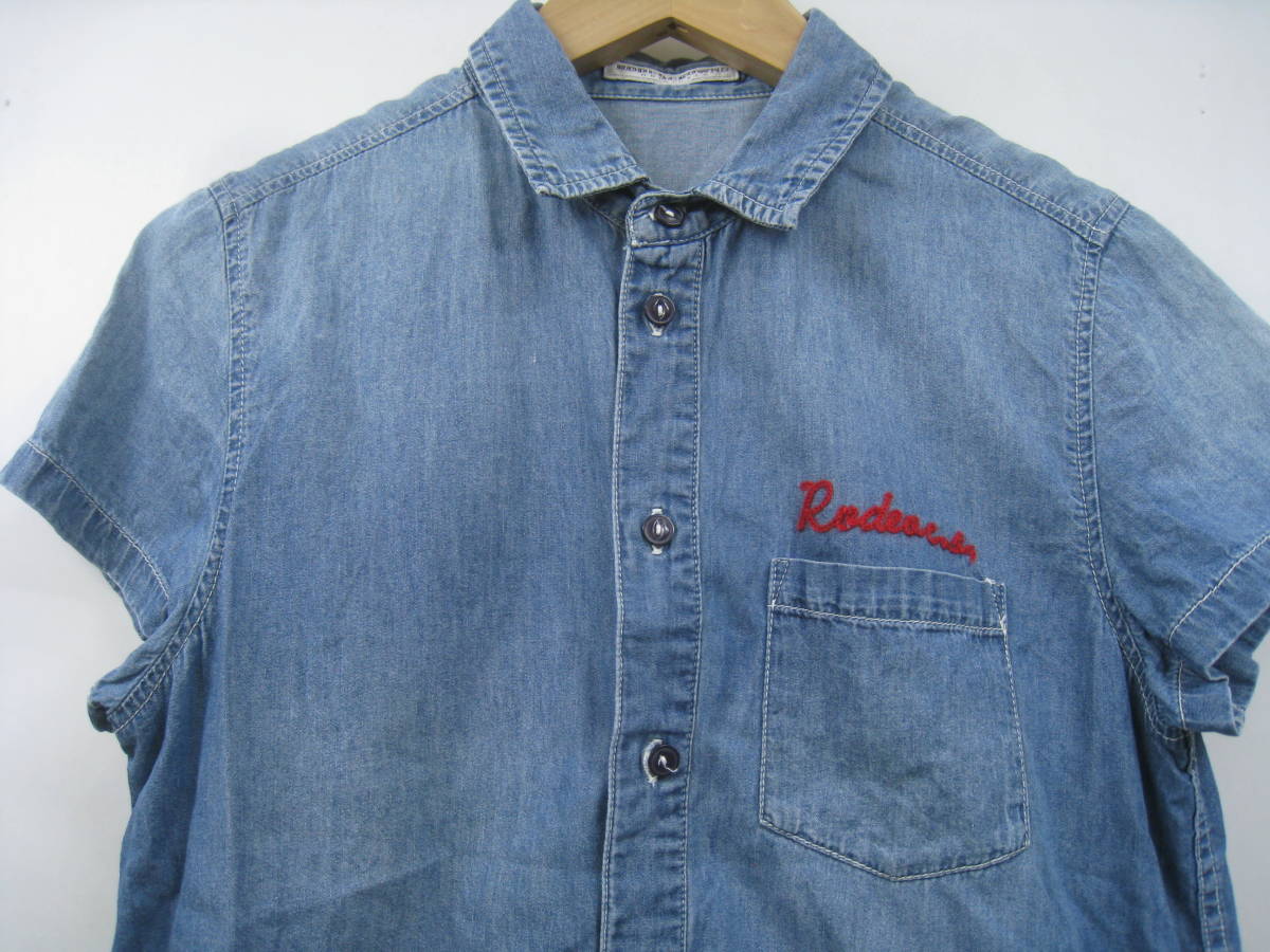 RODEO CROWNS ロデオクラウンズ デニムシャツ 半袖 トップス 刺繍 メンズ 青 ブルー サイズM_画像2