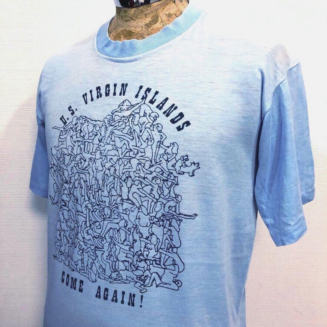 L 良品 USA製 s s 水色 エロT グラフィック アートTシャツ希少 レア オールド ビンテージ アメリカ US 古着 年代  年代 手 SEX