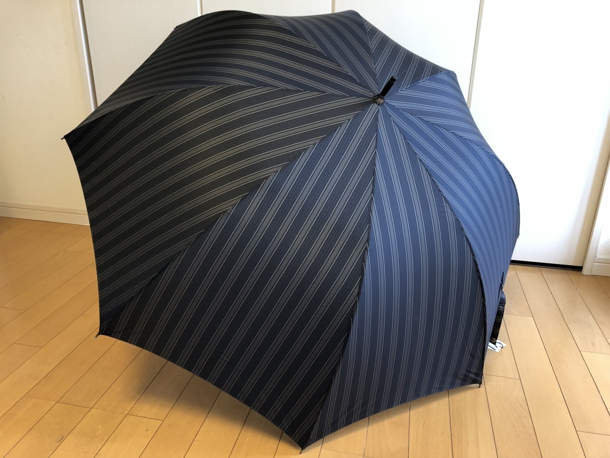 ☆新品☆ボルサリーノ/紳士長傘ジャンプ傘ワンタッチ雨傘/ストライプ黒青グレー系95_画像1