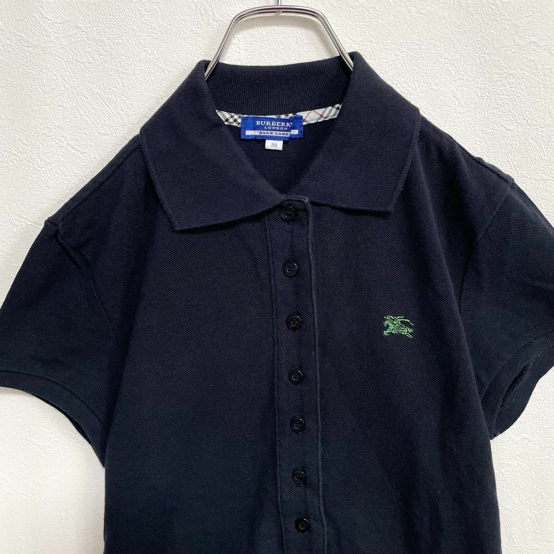  Burberry Blue Label hose embroidery lady's polo-shirt with short sleeves navy lady's M size BURBERRY BLUE LABEL