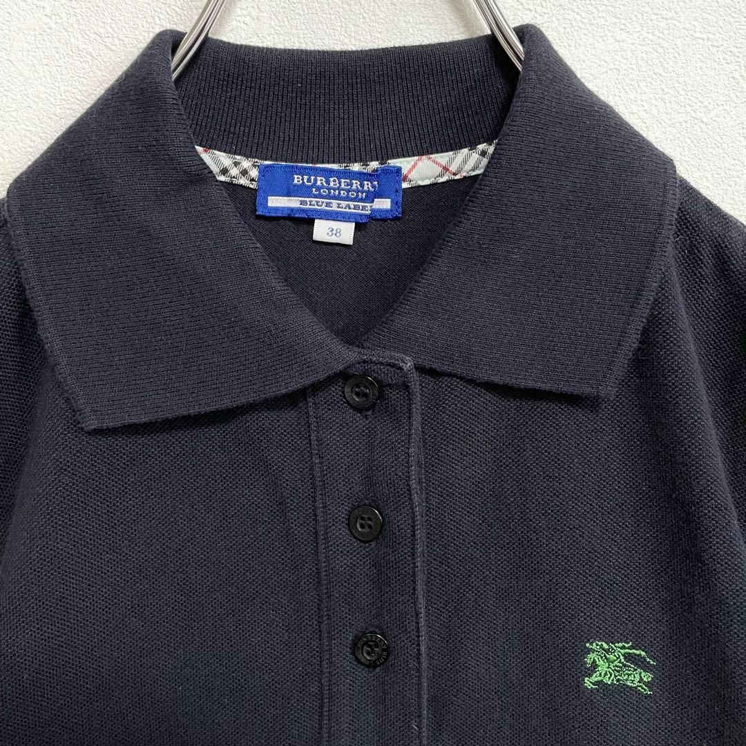  Burberry Blue Label hose embroidery lady's polo-shirt with short sleeves navy lady's M size BURBERRY BLUE LABEL