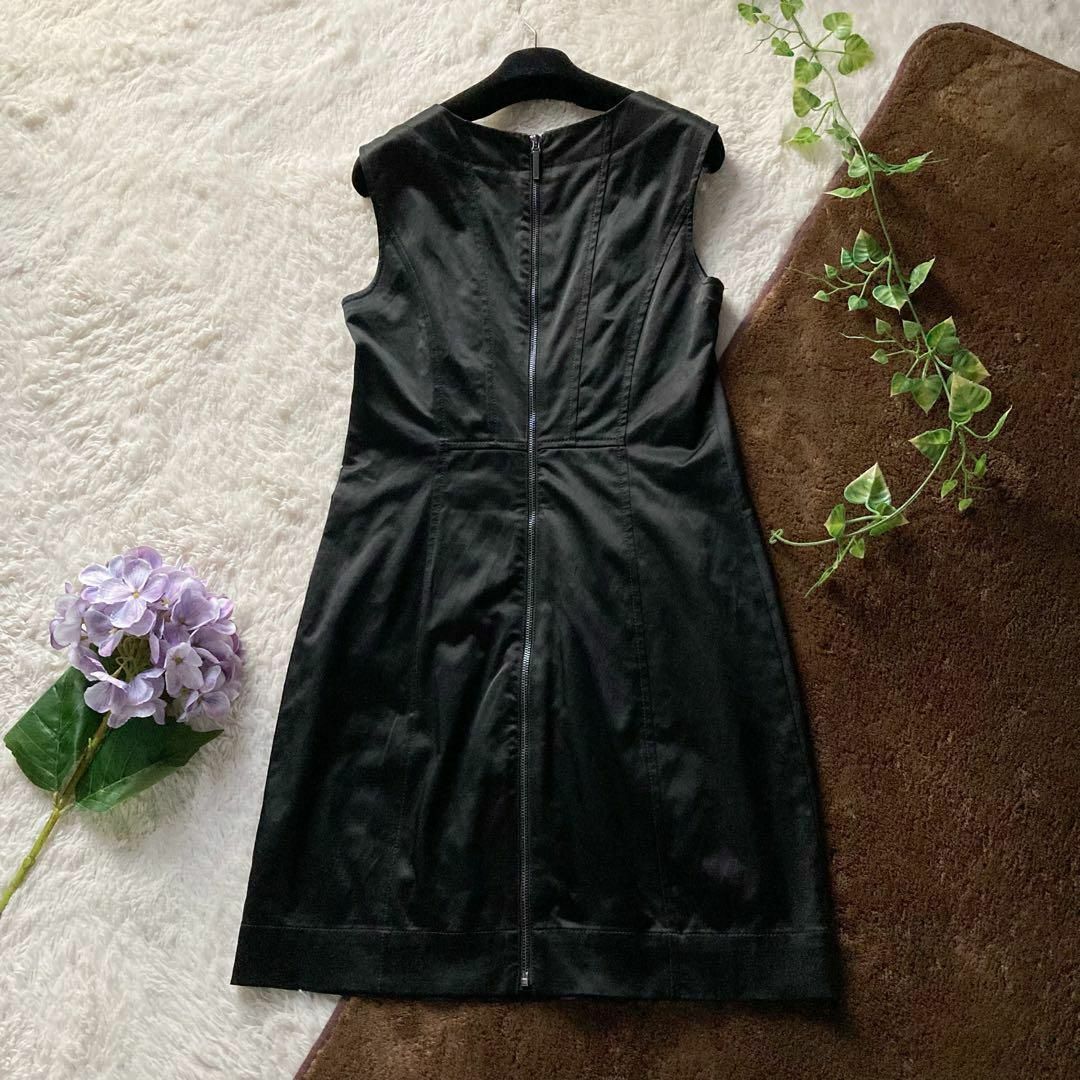 カルバンクライン ノースリーブ ドレスワンピース ジップデザイン 光沢あり 黒 4サイズ Calvin Klein