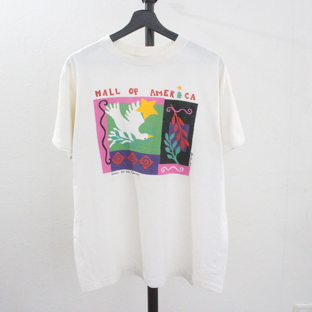 90s アメリカ製 アンビル anvilフラワー 鳥 アートプリントTシャツ 白