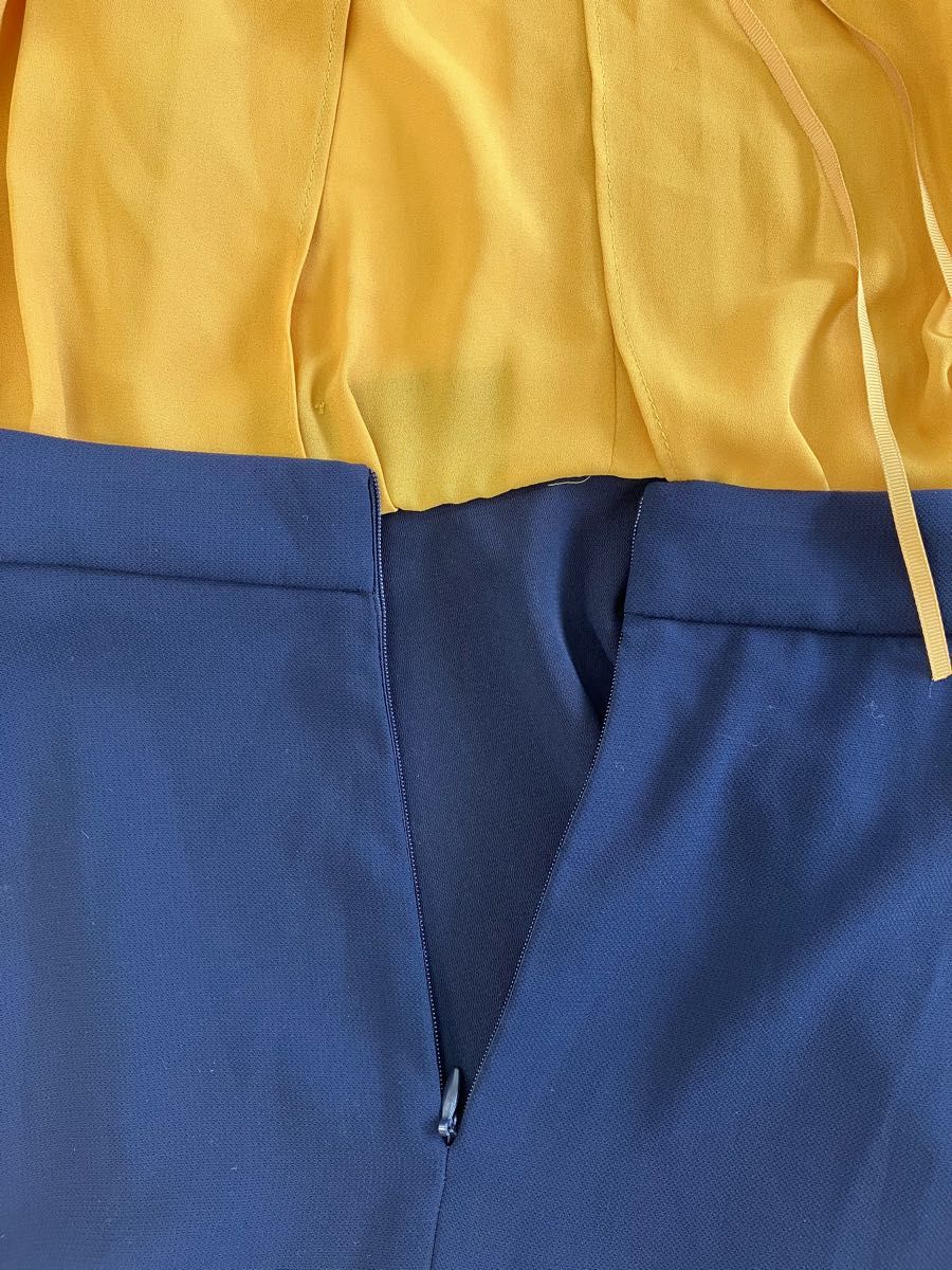 【ETRE TOKYOエトレトウキョウ】フィッシュテールワンピース　フリル袖　紺黄色　ヘムスカート ロングスカート