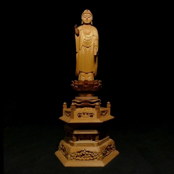 繊細な木彫 金彩 細密彫刻 阿弥陀如来立像 仏教美術 置物 z133_画像9