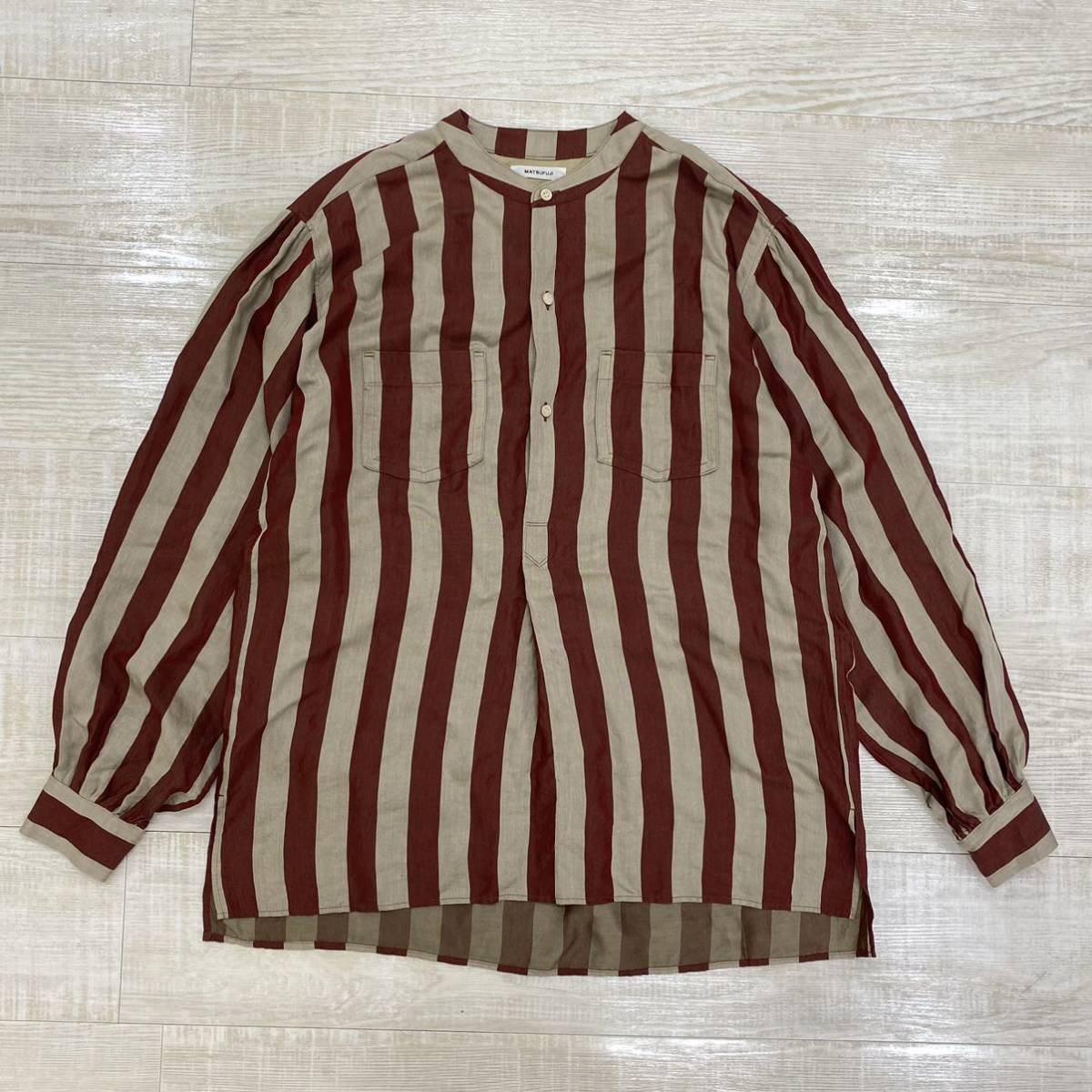 22aw MATSUFUJI SATIN STRIPE PULLOVER SHIRT マツフジ プルオーバー ギャザー オーバーサイズ シャツ M223-0302 size 2 定価35,200円 (71