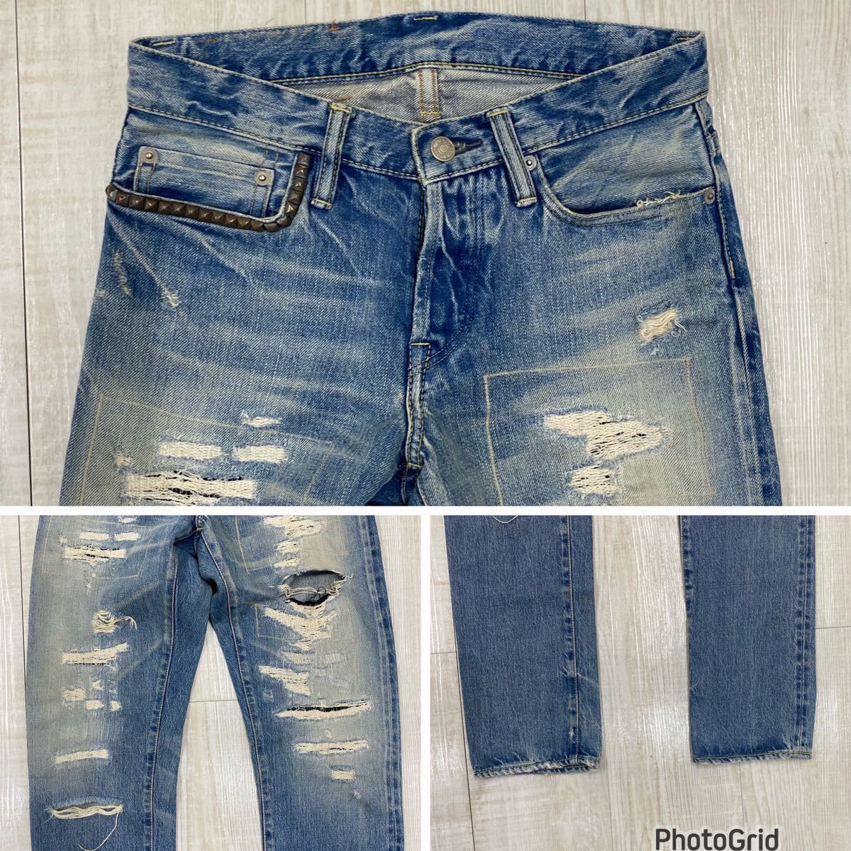 09aw HYSTERIC GLAMOUR ヒステリックグラマー ダメージ加工 リペア加工 スタッズデニム サイズ XS デニムパンツ JEANS DENIM_画像3