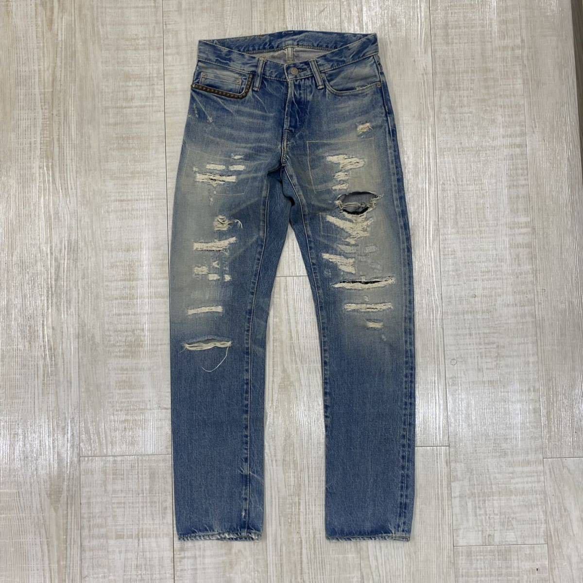 09aw HYSTERIC GLAMOUR ヒステリックグラマー ダメージ加工 リペア加工 スタッズデニム サイズ XS デニムパンツ JEANS DENIM_画像1