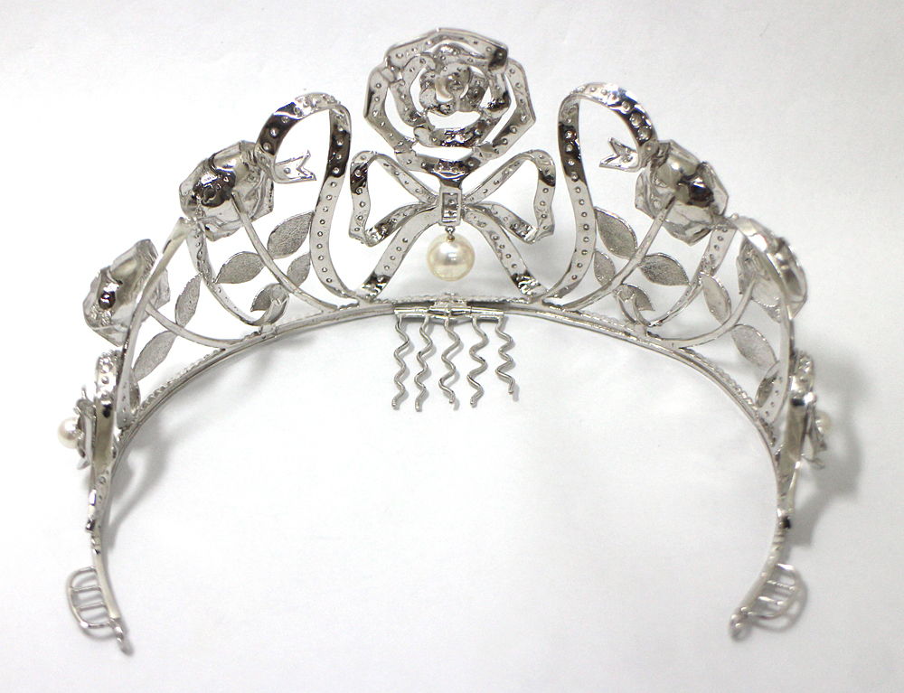 [K18WG] white gold H&C diamond 7.16ct Akoya pearl Tiara 107.9g wedding Crown wedding jewelry 